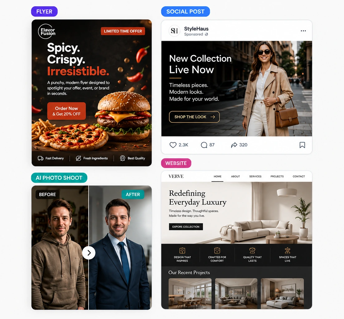 Create stunning content in one click: a restaurant flyer, a StyleHaus social post, an AI photo shoot before and after, and the Verve website