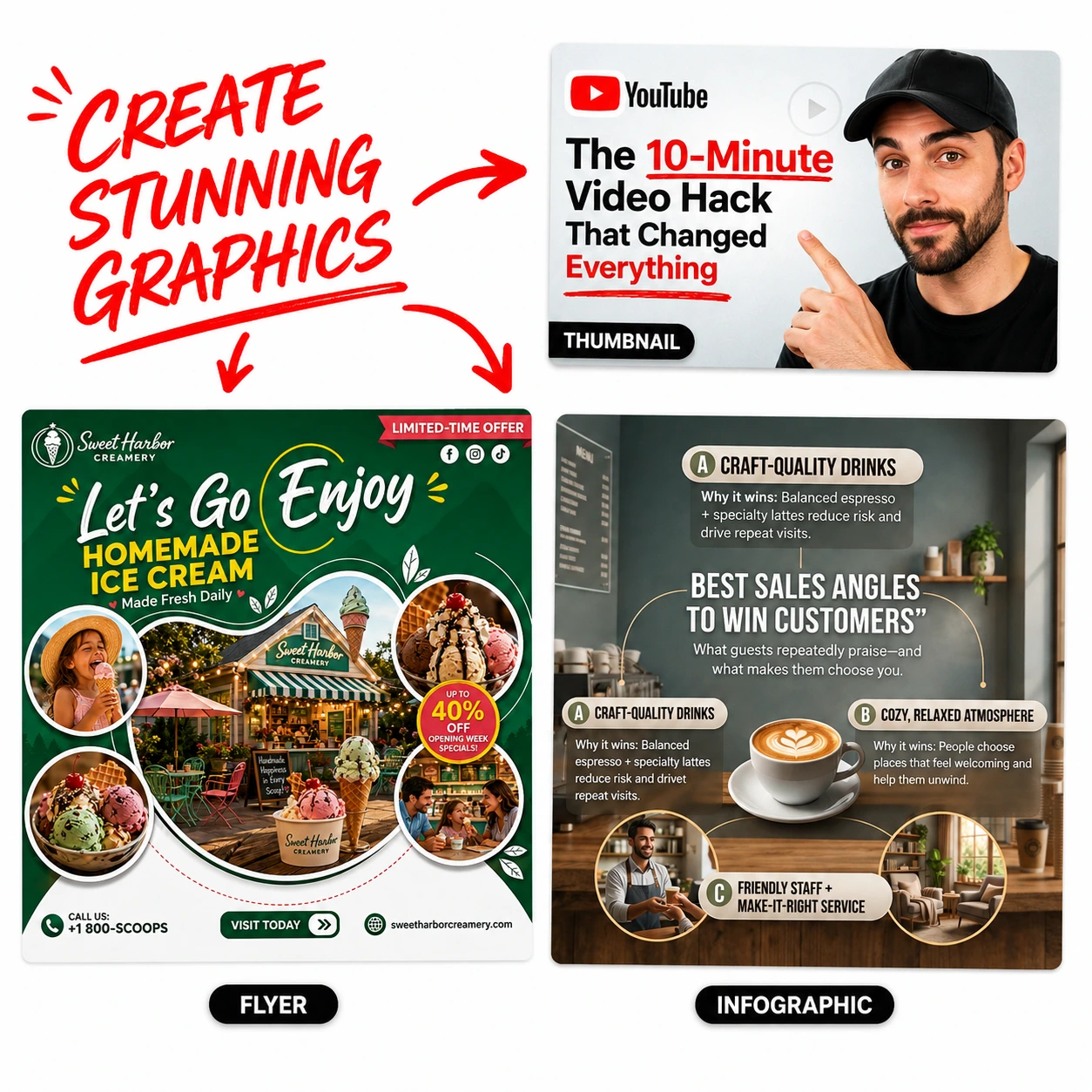 Create stunning graphics: a YouTube thumbnail, a Sweet Harbor Creamery ice cream flyer, and a coffee shop infographic, all generated in one click