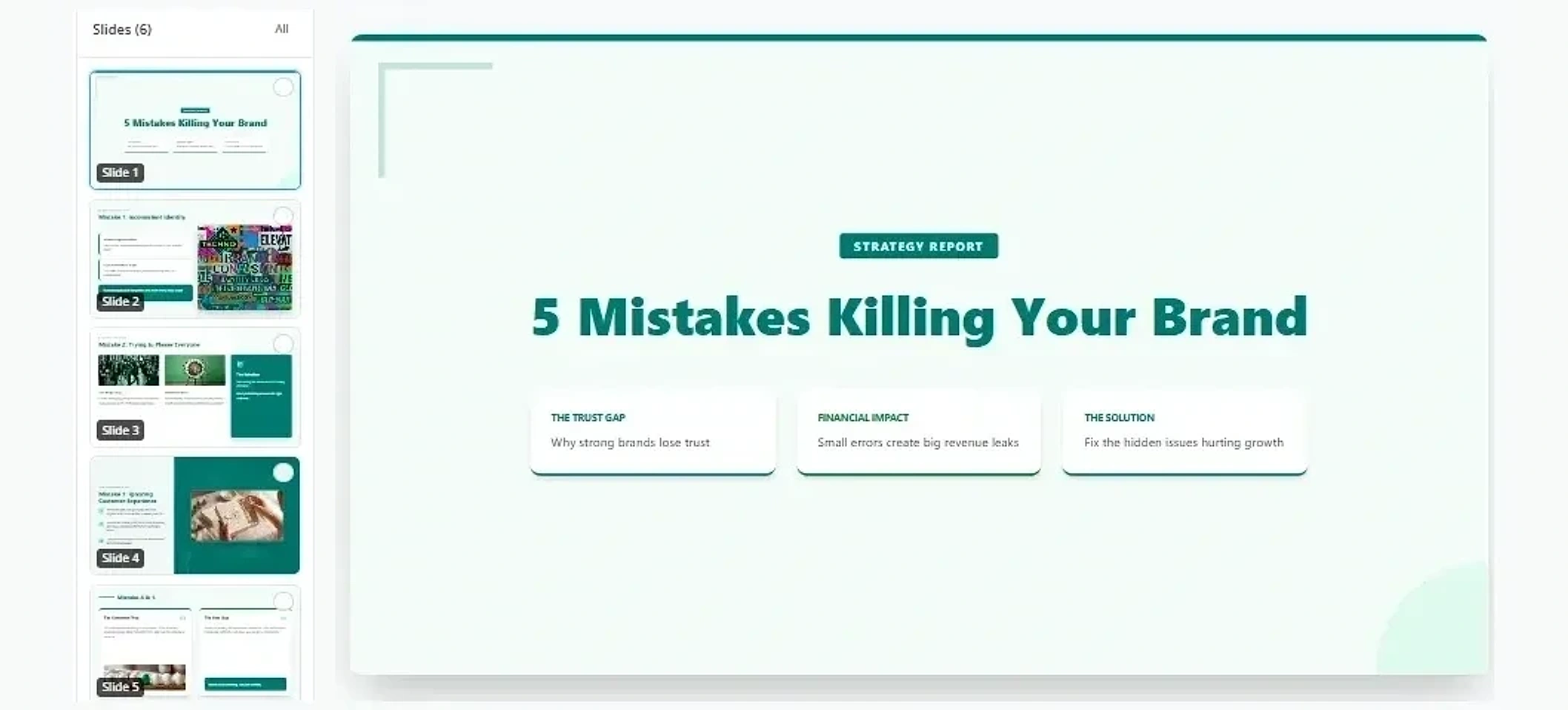 Slides editor: a 6-slide '5 Mistakes Killing Your Brand' strategy deck, cover open with slide rail