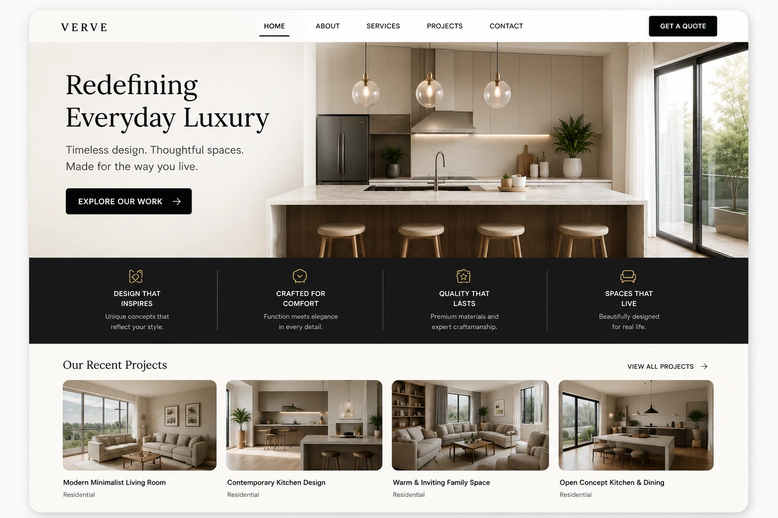 Verve interior-design landing page: Redefining Everyday Luxury, with a modern kitchen hero photo